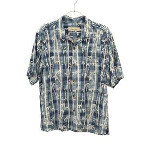 Tommy Bahama Shirt Mens Large Blue White 100% Silk Hawaiian Bamboo Tropical Camp